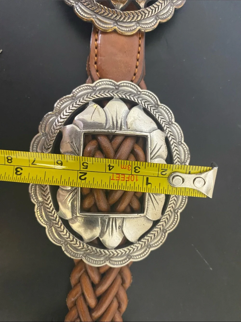 1990s vintage Braided Brown Leather Concho Belt with Silver-Tone Medallions